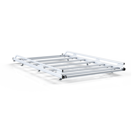 Welded aluminium roof rack with roller spoiler for commercial vehicles and vans